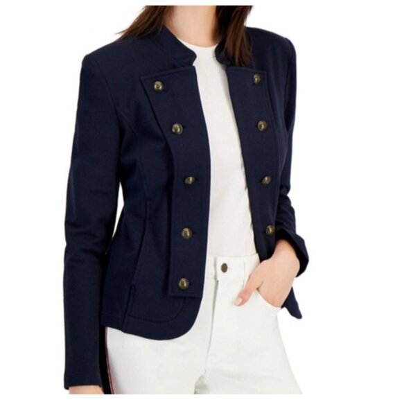 Tommy Hilfiger Navy Blue Band Jacket Sky Captain  Cotton Blend Women's Sz L NWT - Picture 1 of 8
